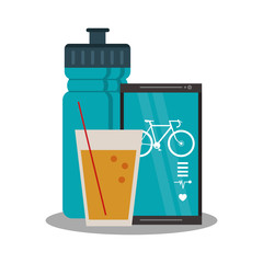 orange juice glass, water bottle and smartphone icon over white background. healthy lifestyle concept. colorful design. vector illustration