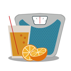 weight scale device and orange juice glass over white background. healthy lifestyle concept. colorful design. vector illustration