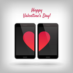 Happy Valentines Day. Vector illustration with cell phones and hearts. Red heart on screen of telephone. Smartphone with romantic symbol of love. Design for poster, card or print.