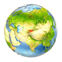Kyrgyzstan in red on full Earth
