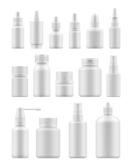 3d blank template medical packaging for pill and liquid medication: spray bottles, container for drug, medicine jar with cap. Realistic mock-up of white plastic pack. Vector set for package design