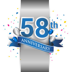 58th anniversary logo with silver label and blue ribbon, balloons, confetti. 58 Years birthday Celebration Design for party, and invitation card

