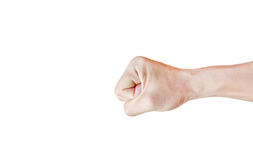 Punch fist of a man, Hand with clenched a fist isolated on white background.