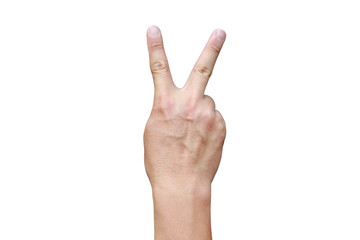 A hand shows in signal of scissors on white background. Hand with two fingers up in the peace or victory symbol. Also the sign for the letter V in sign language.
