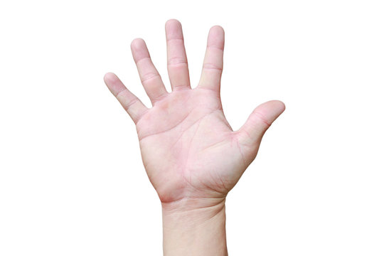 A hand shows in signal of paper or number five on white background.