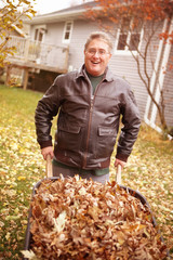 Senior man cleaning up fall leaves