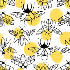 Seamless pattern with hand drawn beetles on a polka dot background.