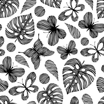 Seamless pattern with exotic leaves and butterflies. 