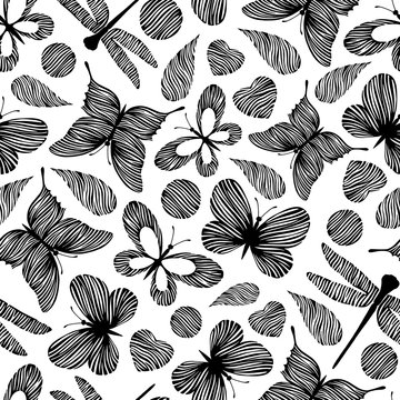 Seamless pattern with hand drawn dragonfly and butterflies icons.