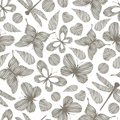 Vintage seamless pattern with hand drawn dragonfly and butterflies.