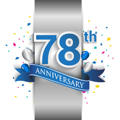 Obraz premium 78th anniversary logo with silver label and blue ribbon, balloons, confetti. 78 Years birthday Celebration Design for party, and invitation card