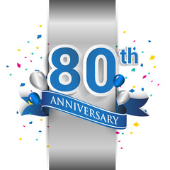 80th anniversary logo with silver label and blue ribbon, balloons, confetti. 80 Years birthday Celebration Design for party, and invitation card
