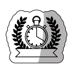 sticker monochrome chronometer with half shaded and ribbon and olive branch vector illustration