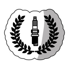 spark plug monochrome sticker with black olive branch and half shaded vector illustration