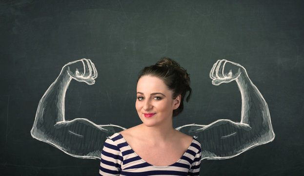 Woman With Sketched Strong And Muscled Arms