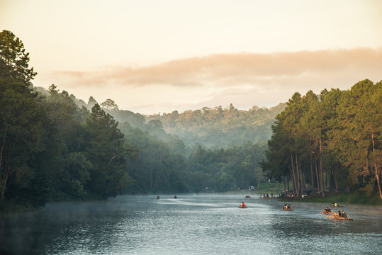 Maehongson, Thailand - December 12, 2016: Tourists playing bamboo raft