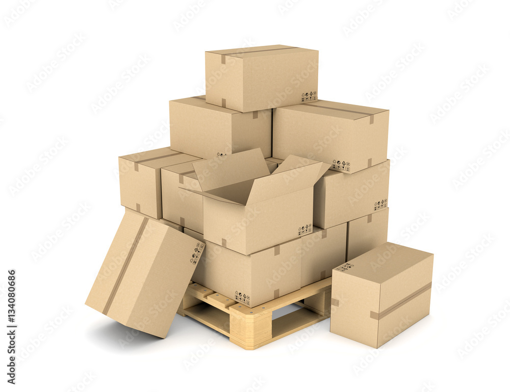 Aufkleber rendering of several carton boxes stacked evenly on a double-decked pallet