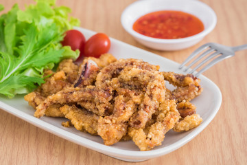 Fried tentacles squid on plate and sauce.