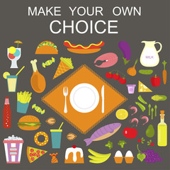 Banner Make your choice between Healthy Food and Fatty Food. Vector illustration eps 10