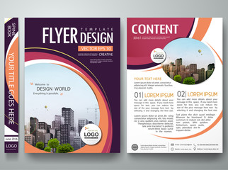 Brochure design template vector. Abstract orange circle cover book portfolio minimal presentation poster. City concept in A4 layout. Purple  flyers report business magazine.
