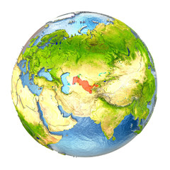 Fototapeta premium Uzbekistan in red on full Earth