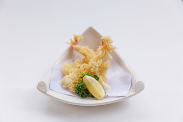 Shrimp Tempura Served with Mince Radish and Lemon.