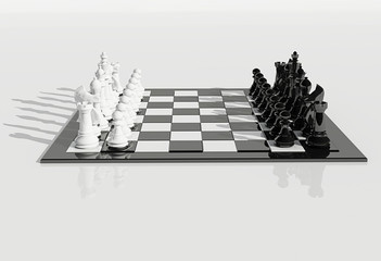 3d illustration chess board and pieces with shadows