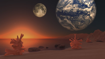 3d illustration Science-Fiction landscape with two planet
