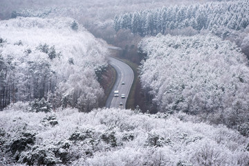 Highway in a forest under the snow