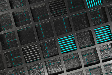 Futuristic technological or industrial background made from brushed metal grate with glowing lines and elements