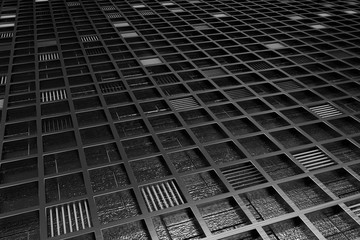 Futuristic technological or industrial background made from brushed metal grate with glowing lines and elements