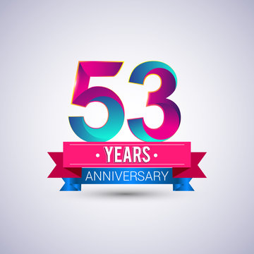 53 years anniversary logo, blue and red colored vector design