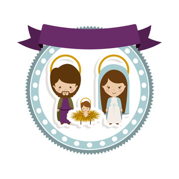 sticker border with holy familily and baby jesus cartoon vector illustration