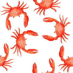 Seamless pattern with red crab in watercolor style on white background.