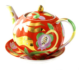 tea set with ornament, teacup, teapot, saucer
