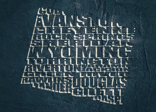 Word cloud map of Wyoming state. Cities list collage. Grunge texture