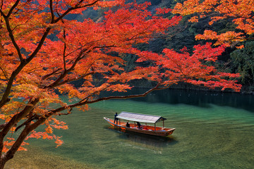 Boatman punting the boat for tourists to enjoy the autumn view along the bank of Hozu river in...