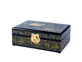 Picture of the wooden jewel-box with painting on wood and golden lock isolated on white background. Painted pattern on a closed box for bijouterie. Side view.