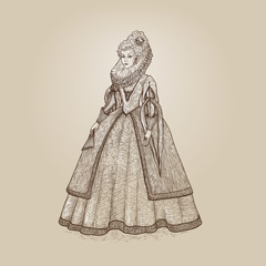 Vector vintage illustration. Gentlewoman Elizabethan epoch 16th century. Medieval lady in a rich dress with large collar