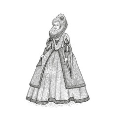 Vector vintage sketch illustration. Gentlewoman Elizabethan epoch 16th century. Medieval lady in a rich dress with large collar