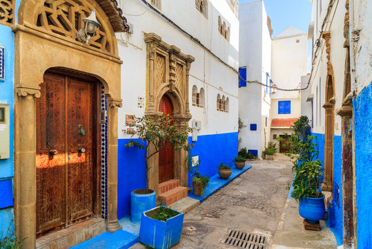 Small streets in blue and white in the kasbah of the old city Ra