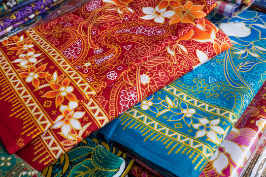 Thai fabric woven batik is sold along the street, Thailand.