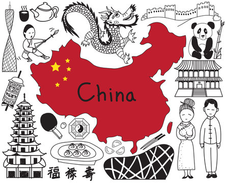 Travel to China doodle drawing icon with culture, costume, landmark and cuisine tourism concept in isolated background. The Chinese text in the picture means wealthy, good luck, and long live (vector)