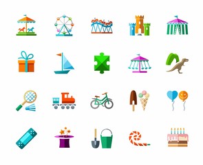 Children's games and entertainment, icons, color, vector. Vector icons of items and objects for children. Children's rest. Colored images on a white background with shadow. 