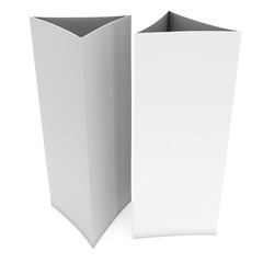 Blank paper triangle tent cards. 3d render illustration isolated. Table cards mock up on white background.