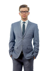 young man in a business suit wearing glasses