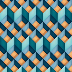Volume realistic vector texture, diamonds, geometric pattern, turquoise cubes with orange bottom