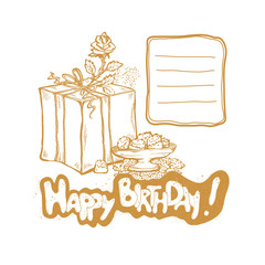 Happy Birthday. Vector golden sketch illustration of gift box, rosebud, vase with cakes. Place to record requests