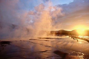 Grand Prismatic Spring in Yellowstone at sunset. Yellowstone National Park. Midway Geyser Basin. Jackson Hole. Wyoming. United States. 