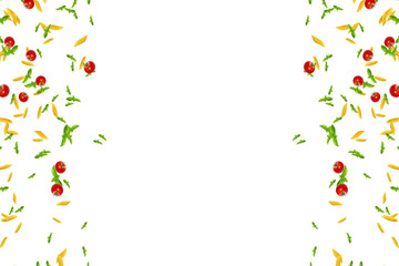 frame of italian pasta, tomato and basil falling down on white background, mediterranean diet and nutrition concept